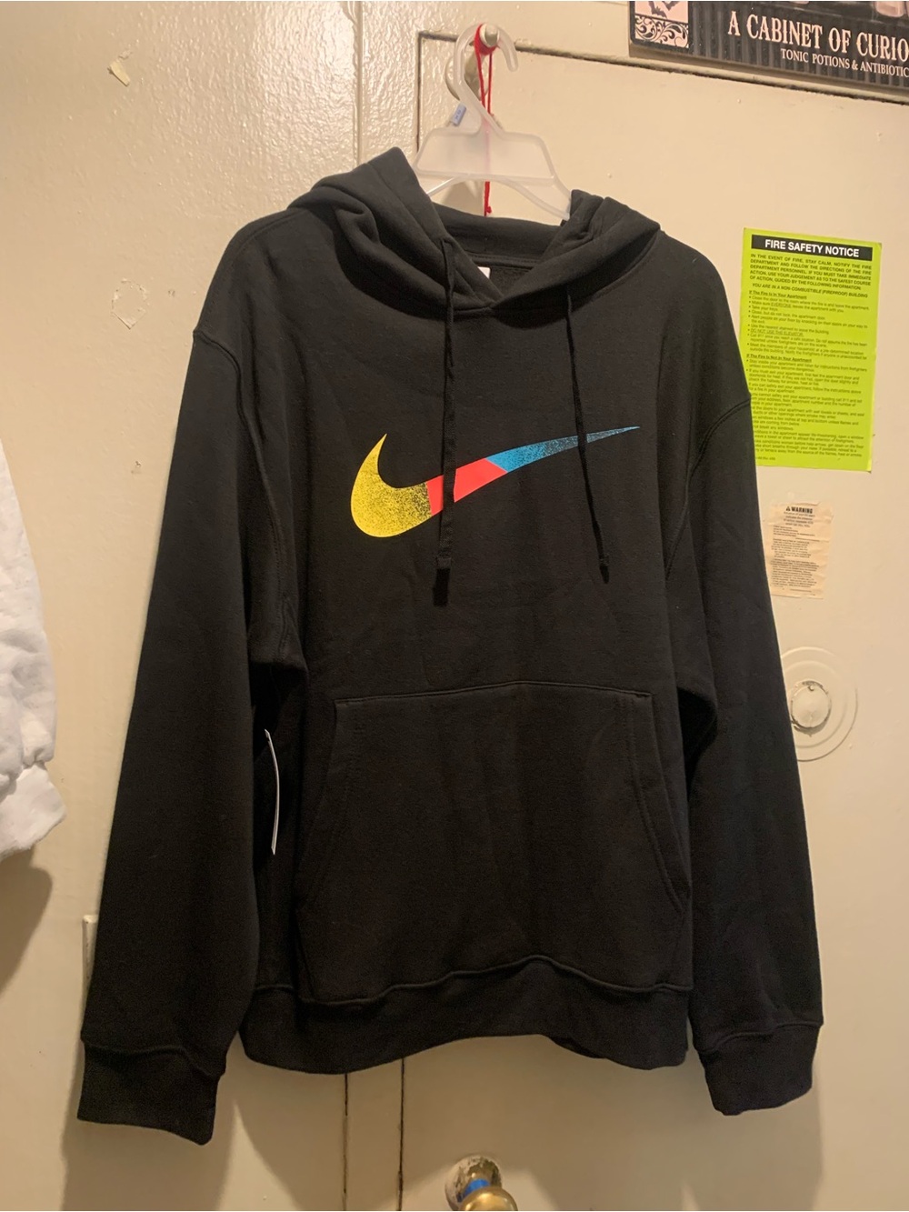 Nike Black Crewneck Hoodie with Yellow-Red-Blue Swoosh